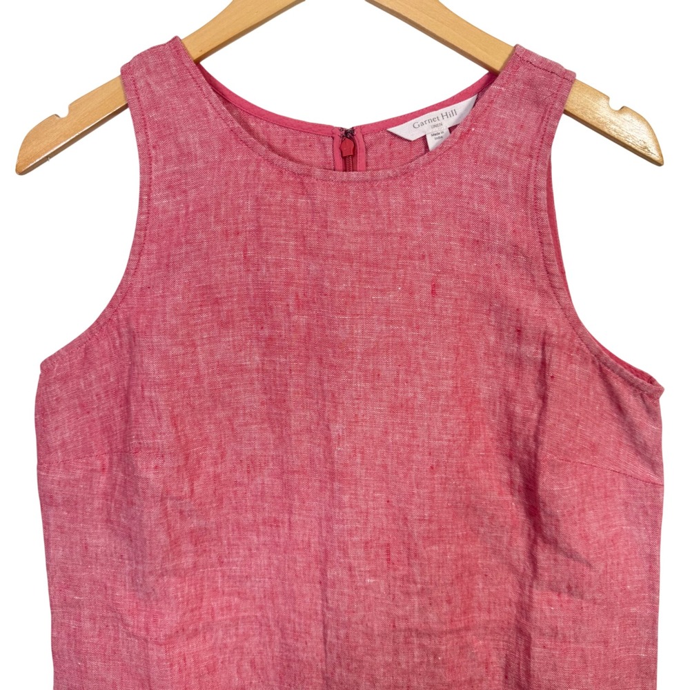Garnet Hill 100% Linen Sleeveless Shift Dress Size 8 Pink Fringed Hem Minimalist - Picture 4 of 9